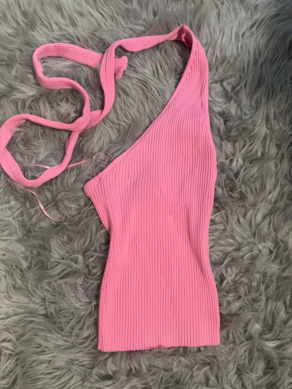 Zara Pink Ribbed One-Shoulder Crop Top with Tie
